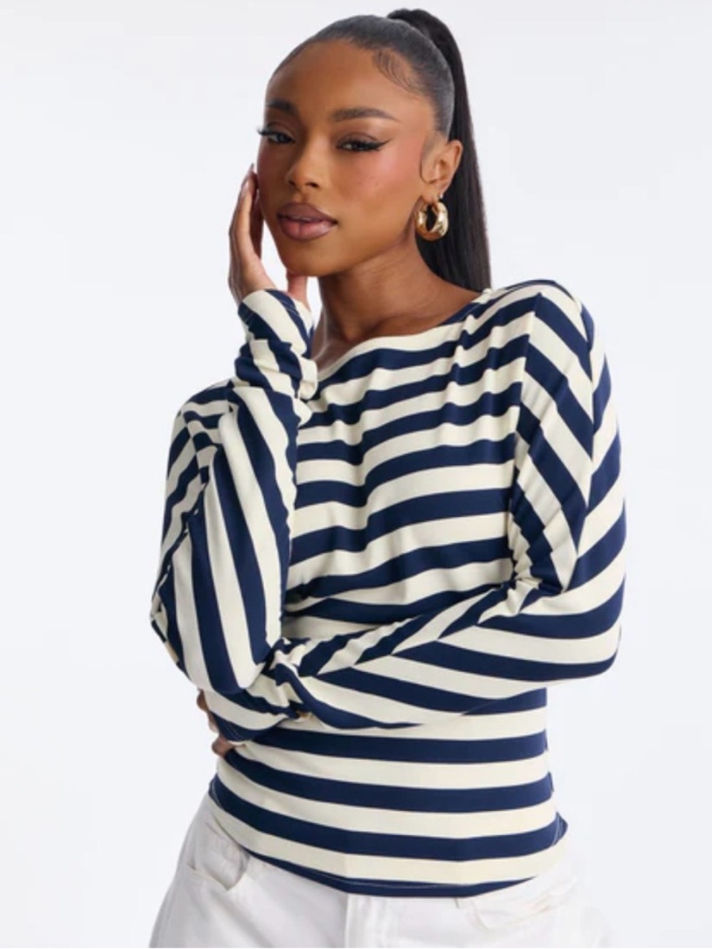 Fashion Nova Navy and White Striped Long Sleeve Top